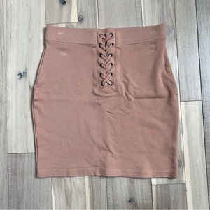 lace up mini skirt in baby blush/peach